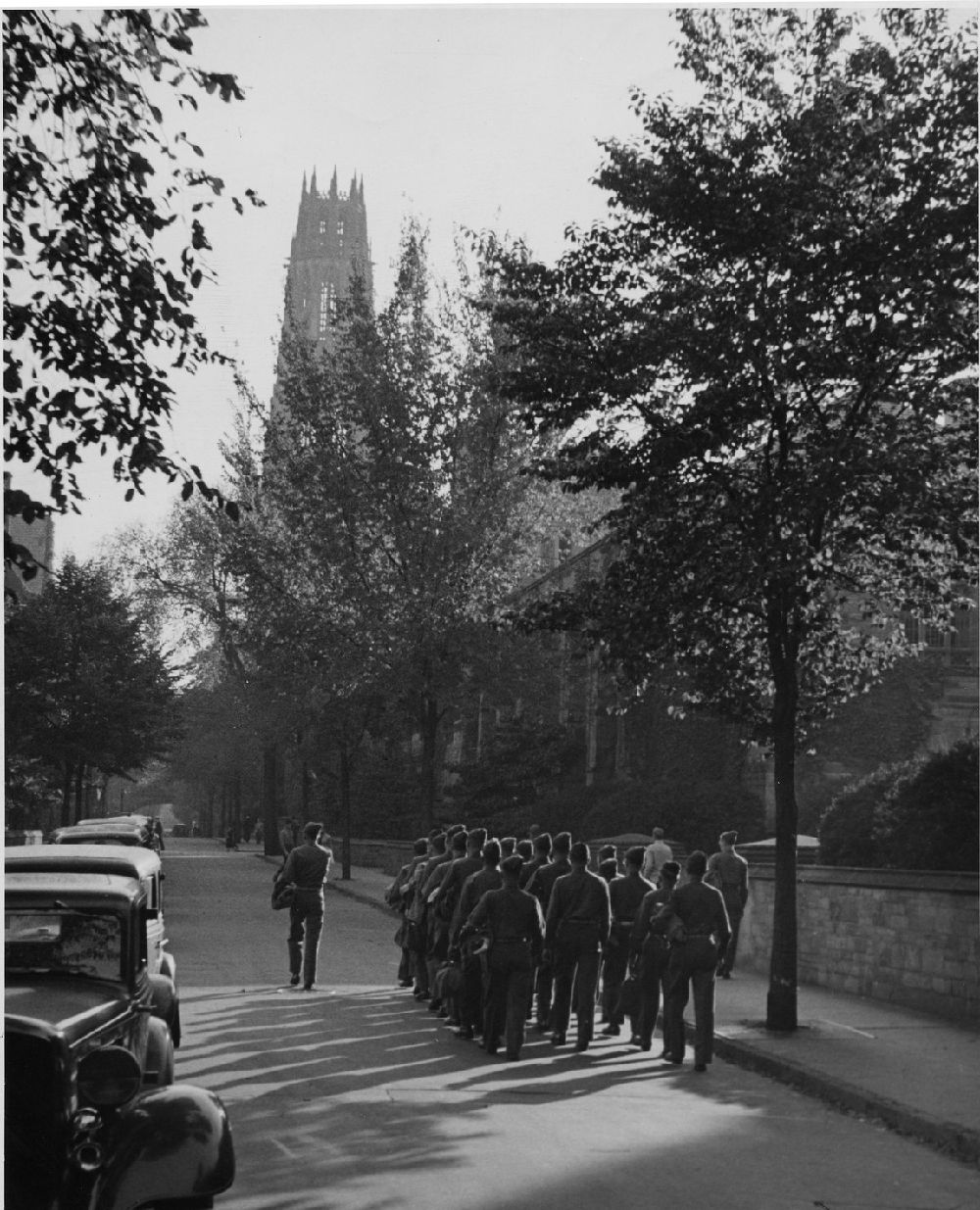 Soldiers marching near Harkness Tower