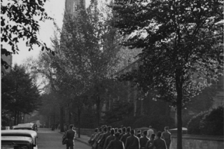 Soldiers marching near Harkness Tower